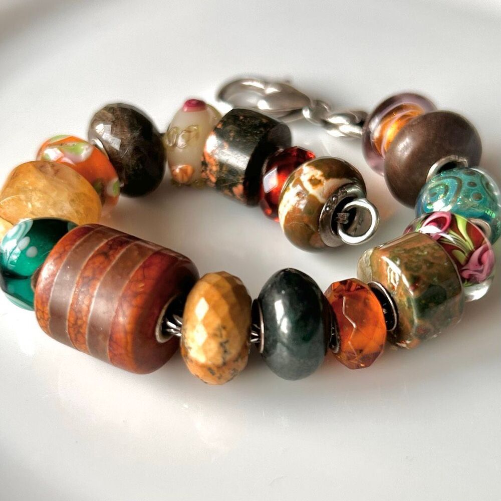 TROLLBEADS Bracelet 8” Artisan & SzilvaBeads Stones/Glass Amber Unakite Jasper